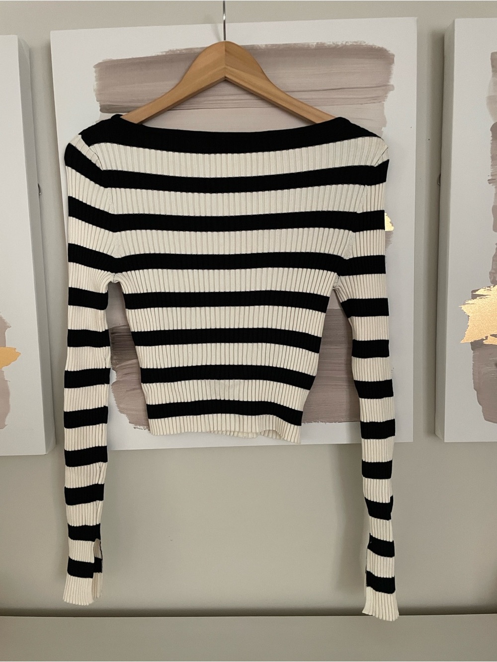 H&M Striped Ribbed Long Sleeve Boatneck Top - Black & Ivory